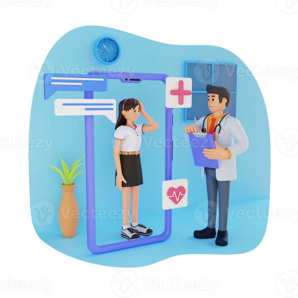 girl consulting a doctor via mobile, 3d character illustration png