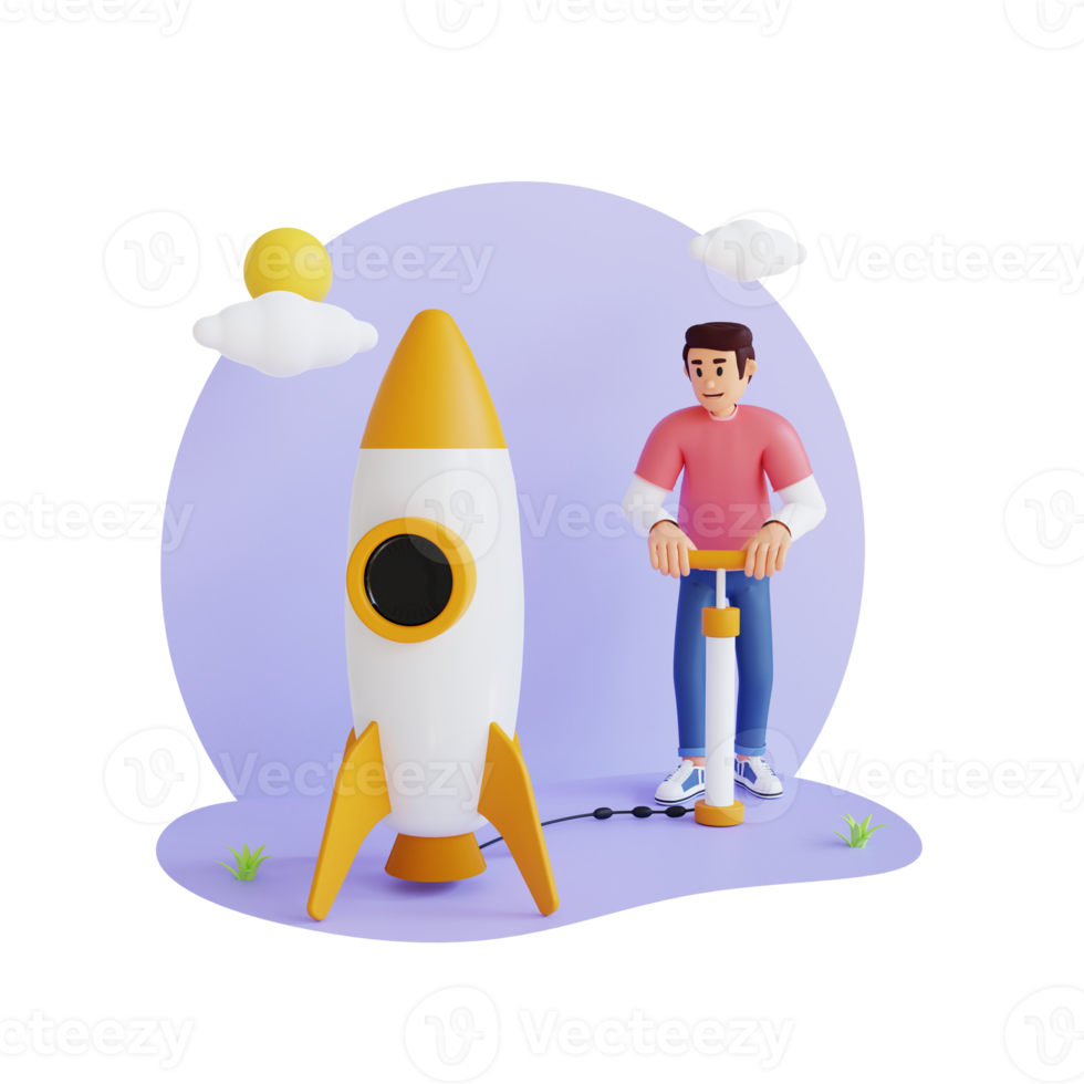 young man with rocket 3d character illustration png