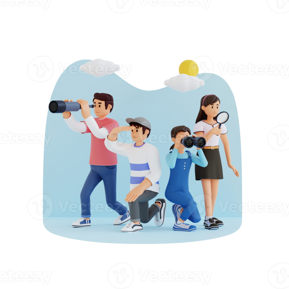 people looking with binoculars and magnifying glass, 3d character illustration png