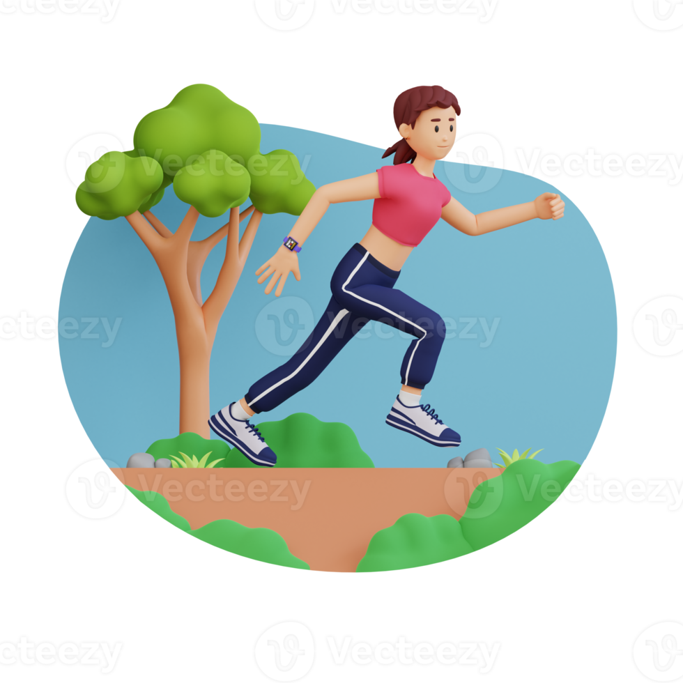 young woman doing jogging run 3D character illustration png