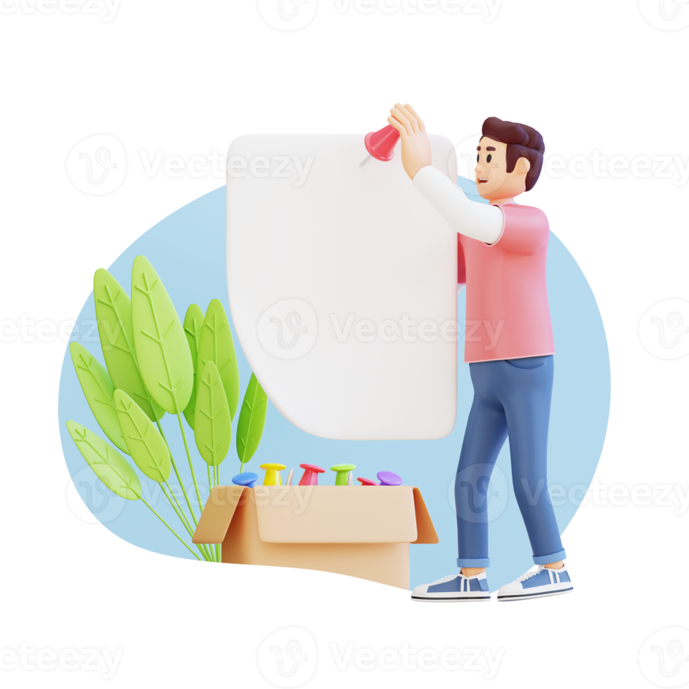 young man sticking pin on big white paper 3d character illustration png