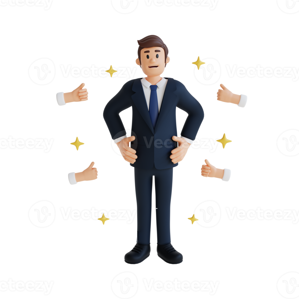 male businessman standing with hands on hips 3d character illustration png