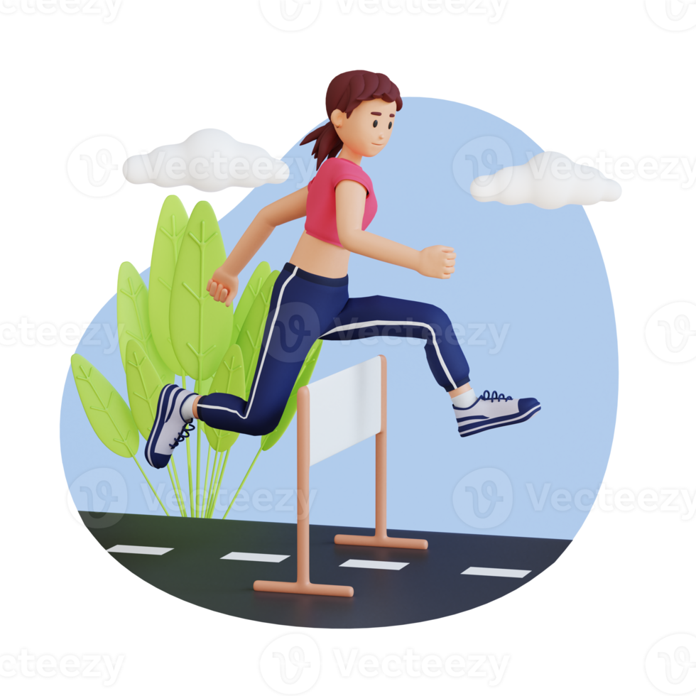 young sportswoman jumping over hurdle 3d character illustration png