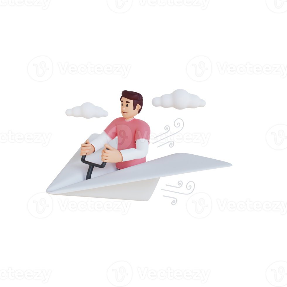 young man driving on paper airplane 3d character illustration png