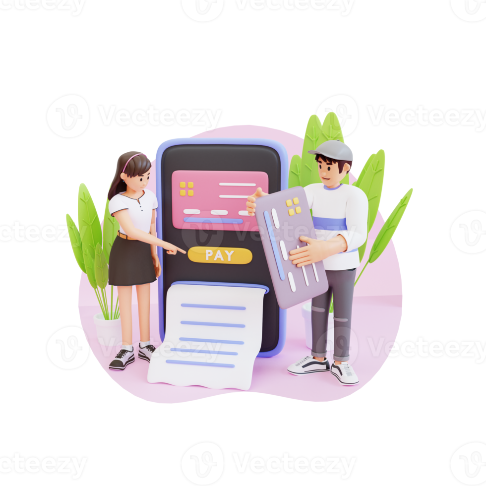 young girl and boy making payment using credit cards 3d character illustration png