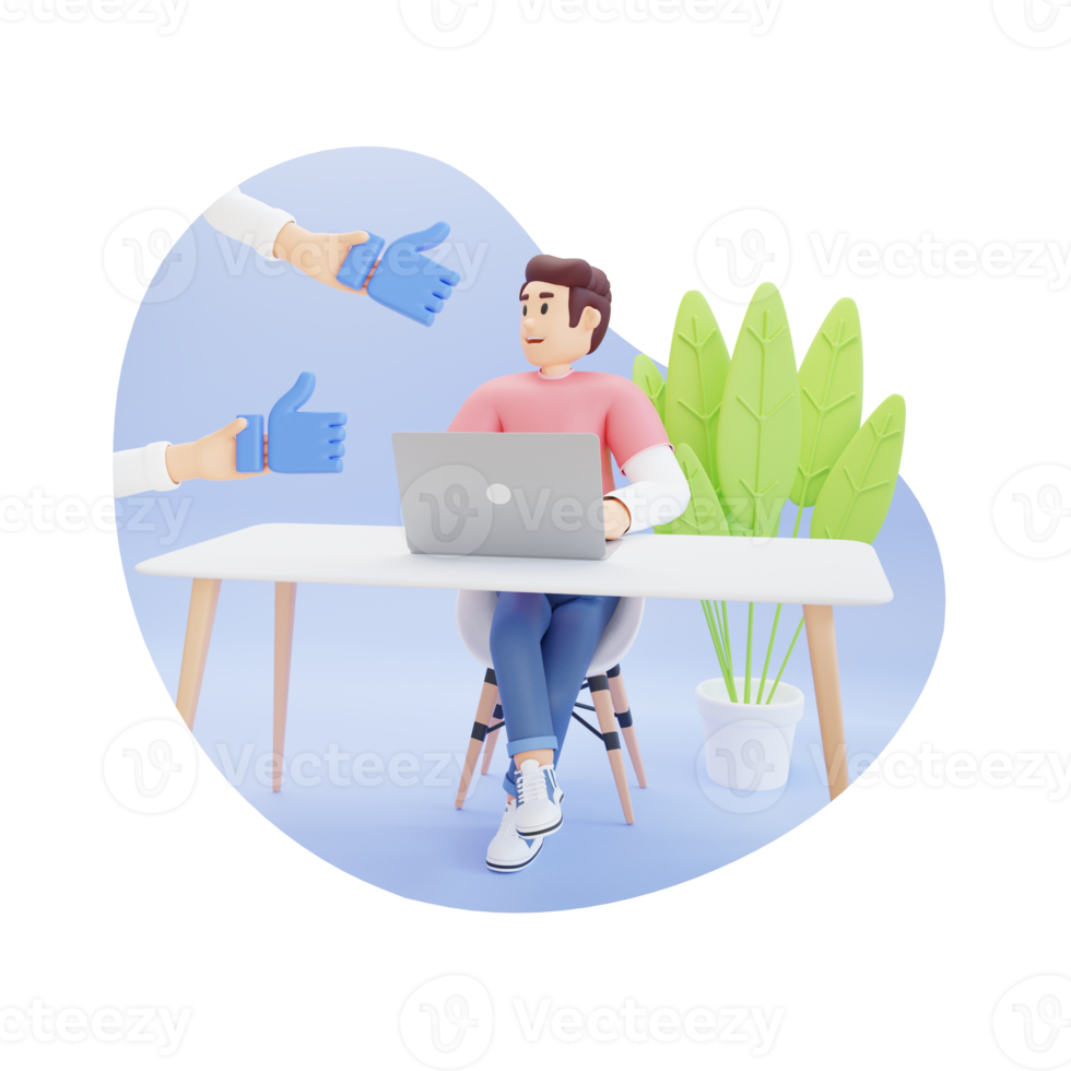 young man using laptop while sitting on chair 3d character illustration png