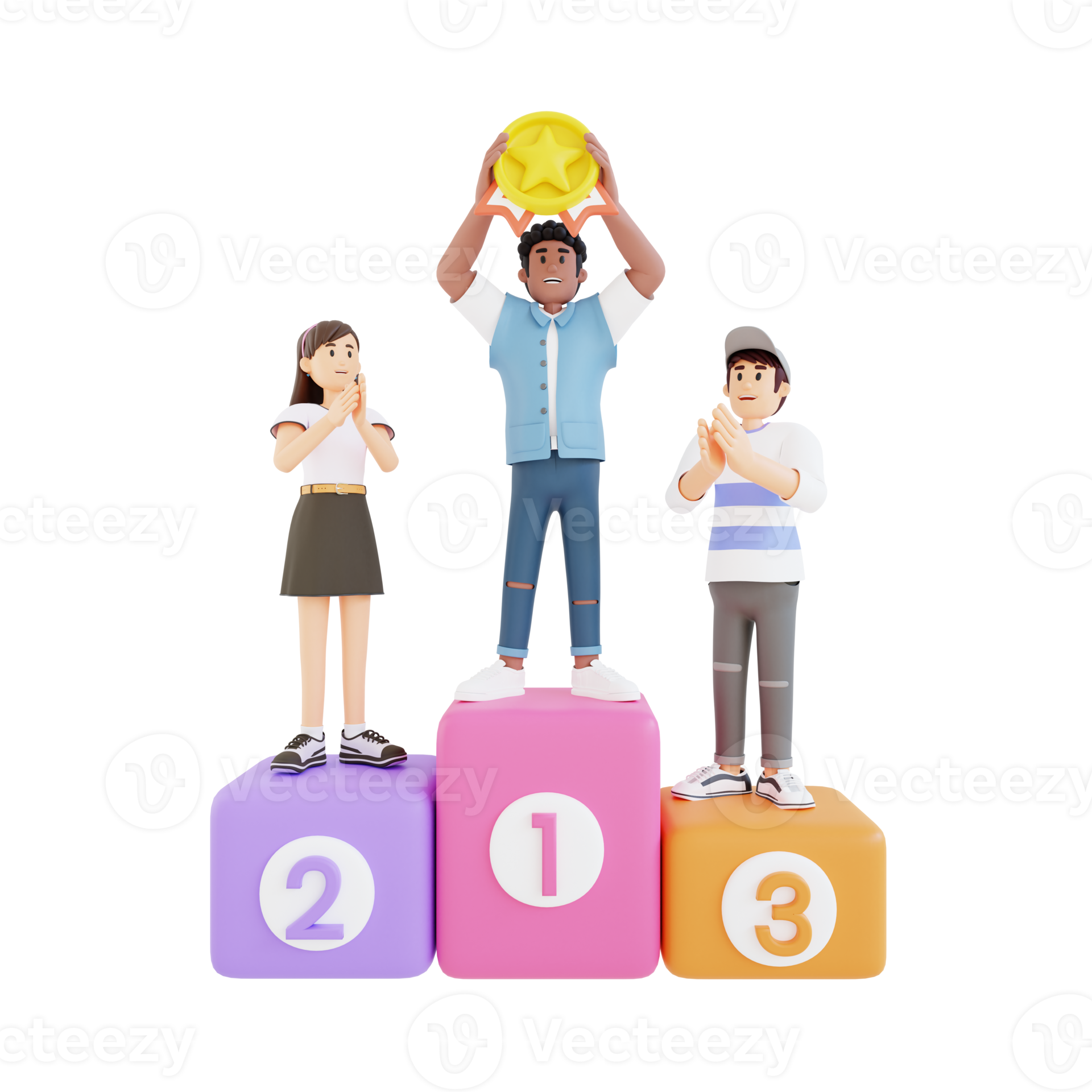 teenagers standing on the podium and holding awards 3d character illustration 11354534 PNG