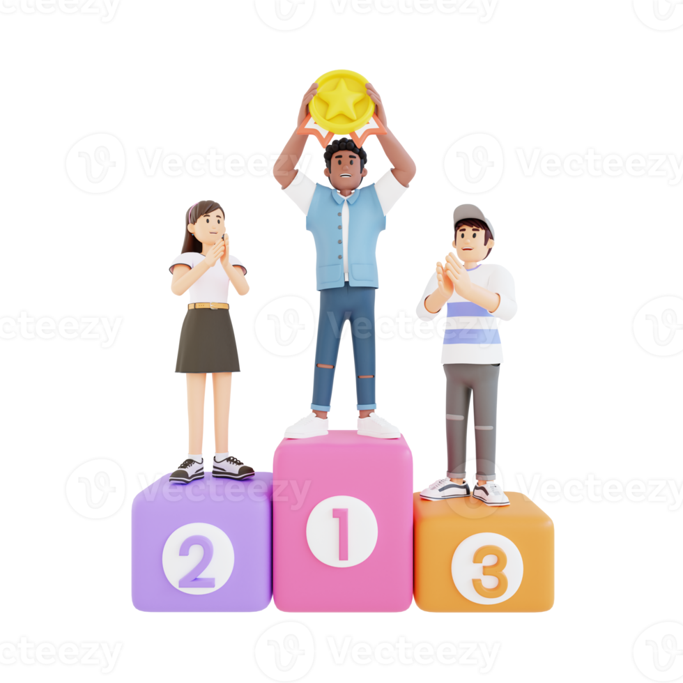 tieners staand Aan de podium en Holding prijzen 3d karakter illustratie png