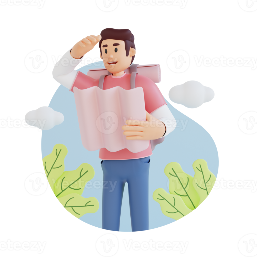 traveling boy in trip holding paper map 3d character illustration png