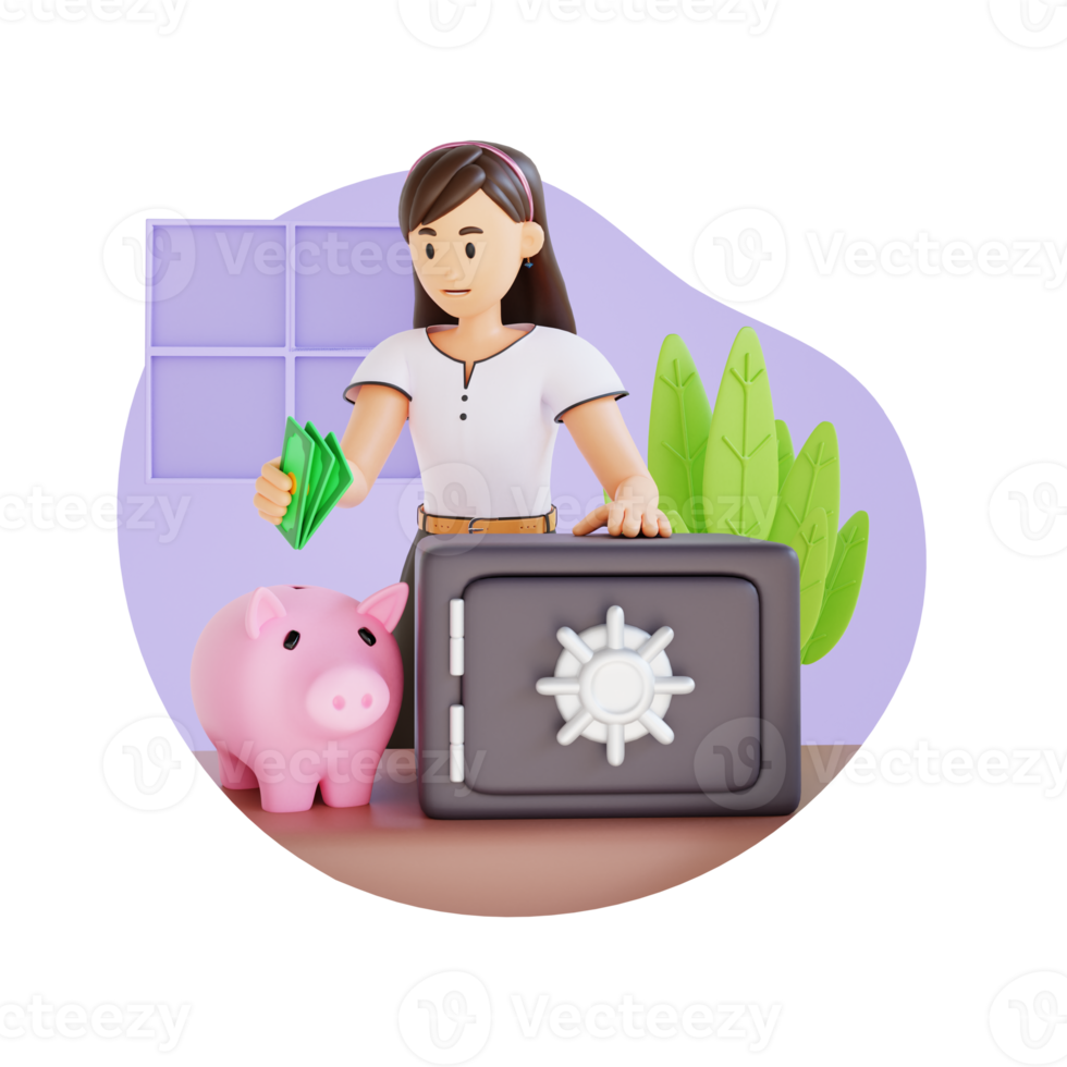 young girl savings money in safe and piggy bank 3d character illustration png