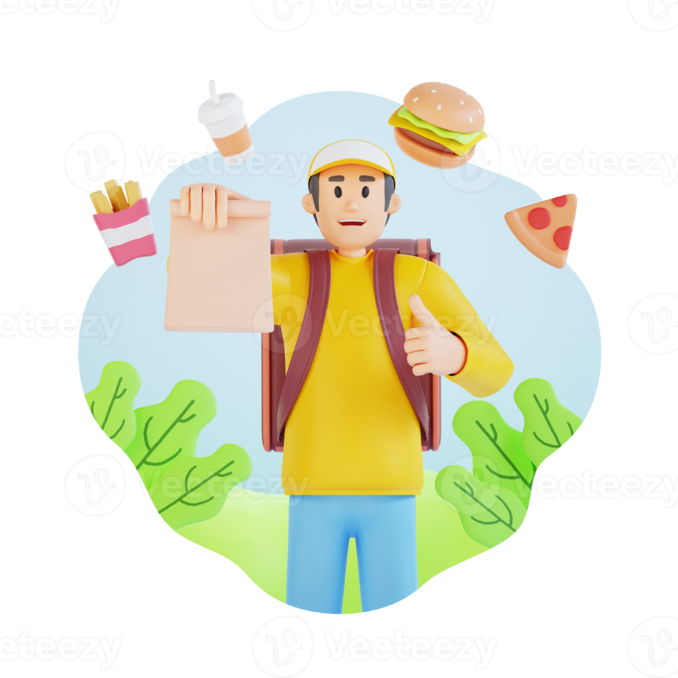 traveler man holding food ordered online 3d character illustration png