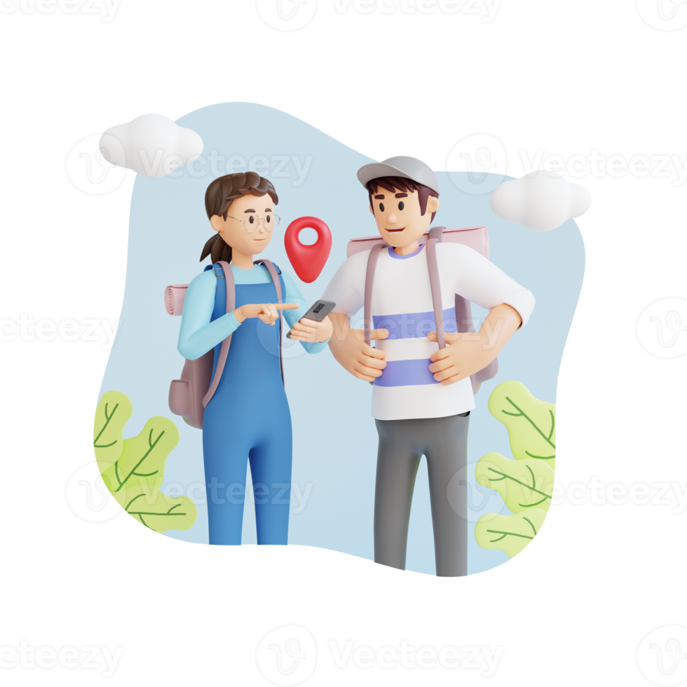 traveler boy and girl looking map using mobile phone 3d character illustration png