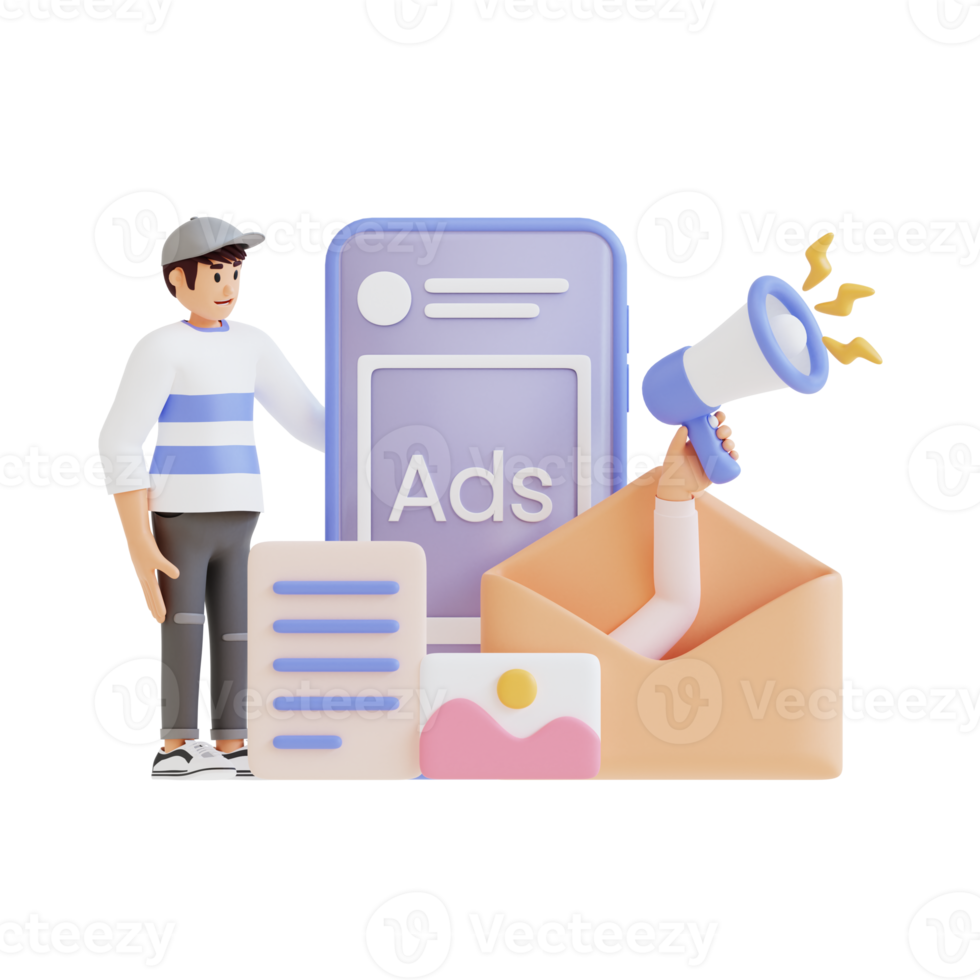 people doing advertising using cell phone 3d character illustration png