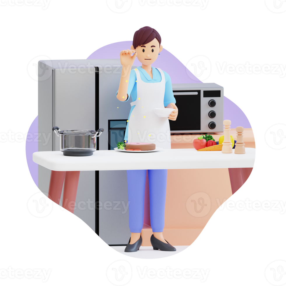 jovem mãe polvilhando especiarias na comida na cozinha ilustração de personagem 3d png