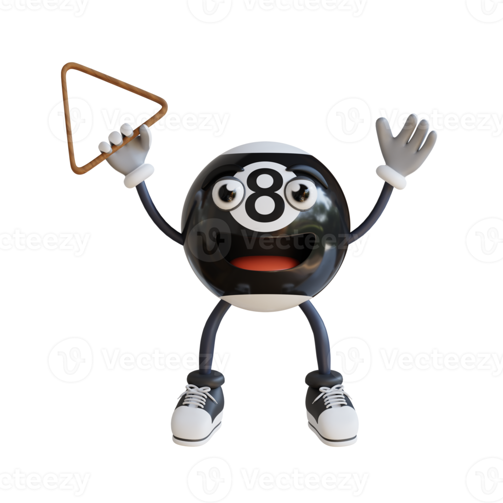 black billiard ball mascot jumping for joy 3d character illustration png