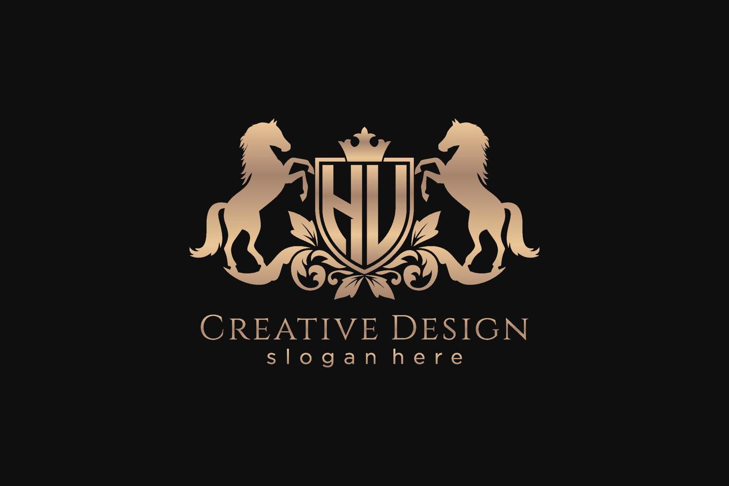 initial HU Retro golden crest with shield and two horses, badge template with scrolls and royal crown - perfect for luxurious branding projects vector
