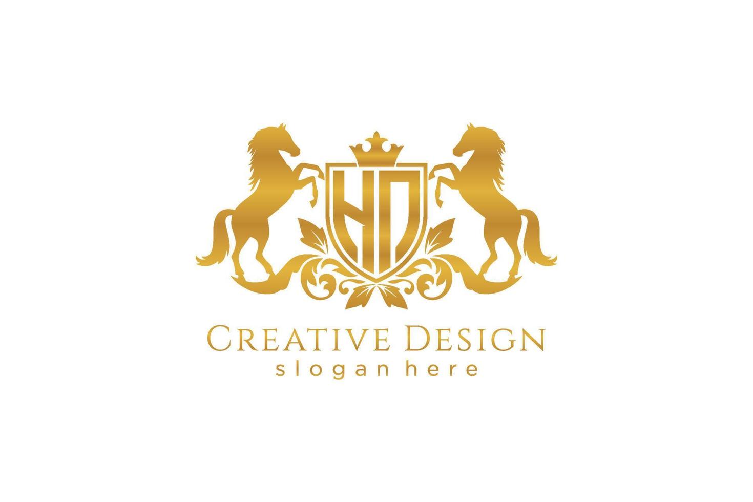 initial HN Retro golden crest with shield and two horses, badge template with scrolls and royal crown - perfect for luxurious branding projects vector