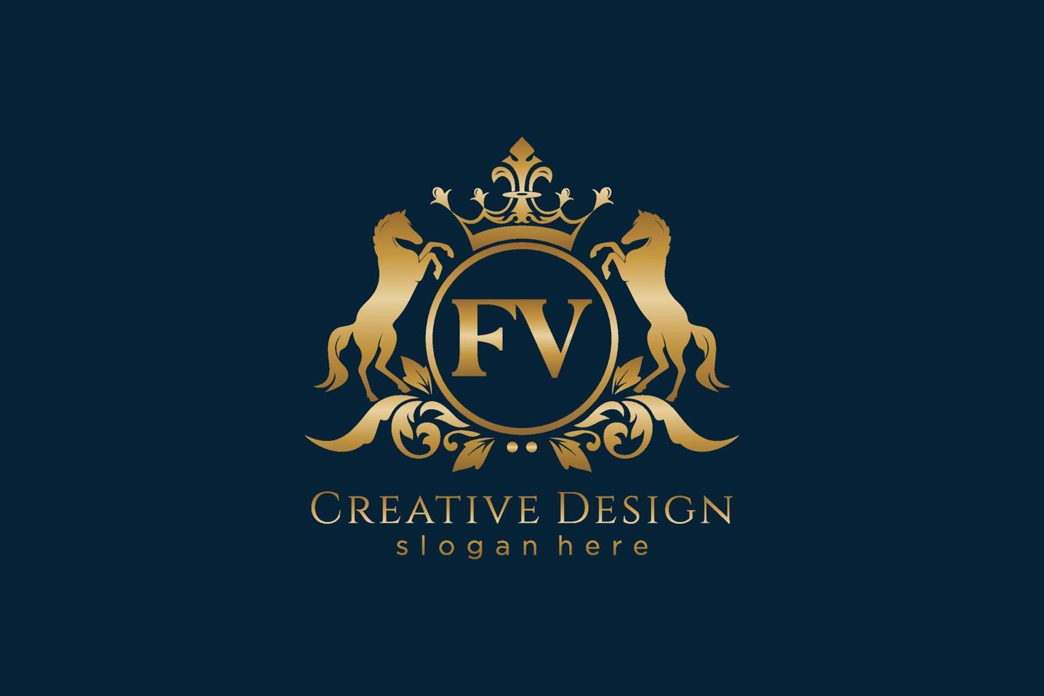 initial FV Retro golden crest with circle and two horses, badge template with scrolls and royal crown - perfect for luxurious branding projects vector