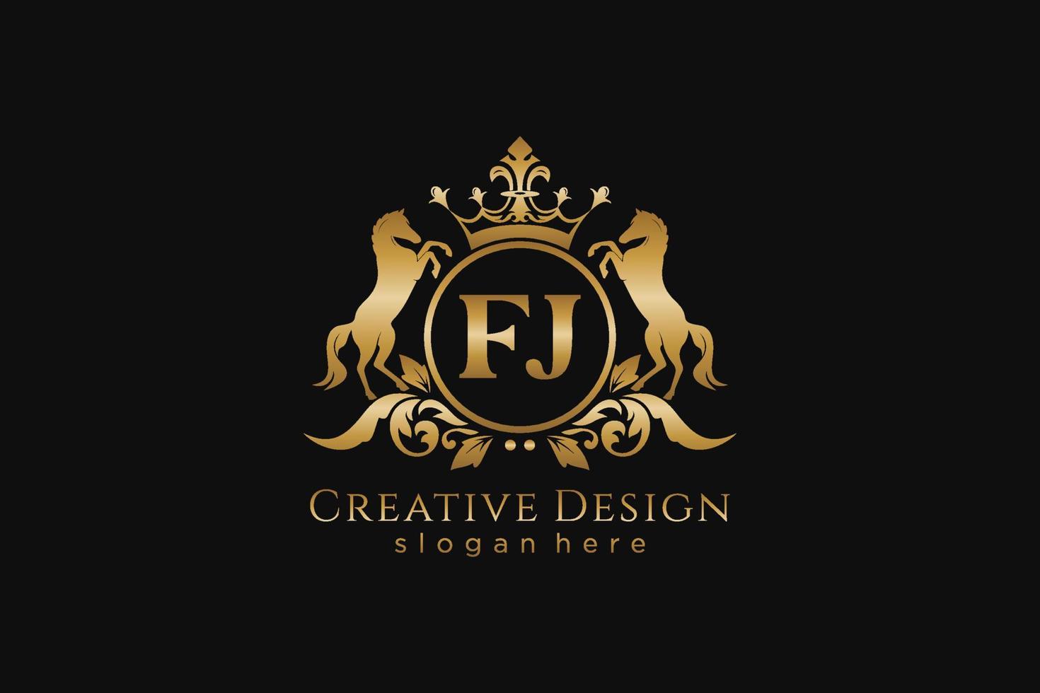initial FJ Retro golden crest with circle and two horses, badge template with scrolls and royal crown - perfect for luxurious branding projects vector