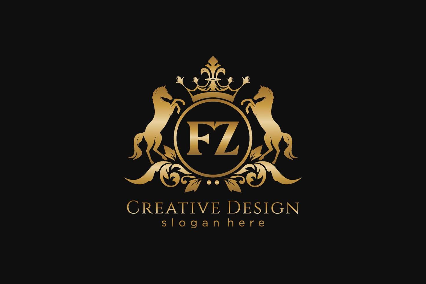 initial FZ Retro golden crest with circle and two horses, badge template with scrolls and royal crown - perfect for luxurious branding projects vector
