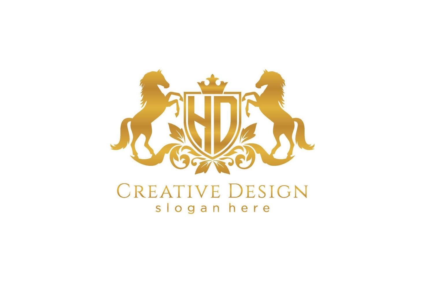 initial HD Retro golden crest with shield and two horses, badge template with scrolls and royal crown - perfect for luxurious branding projects vector