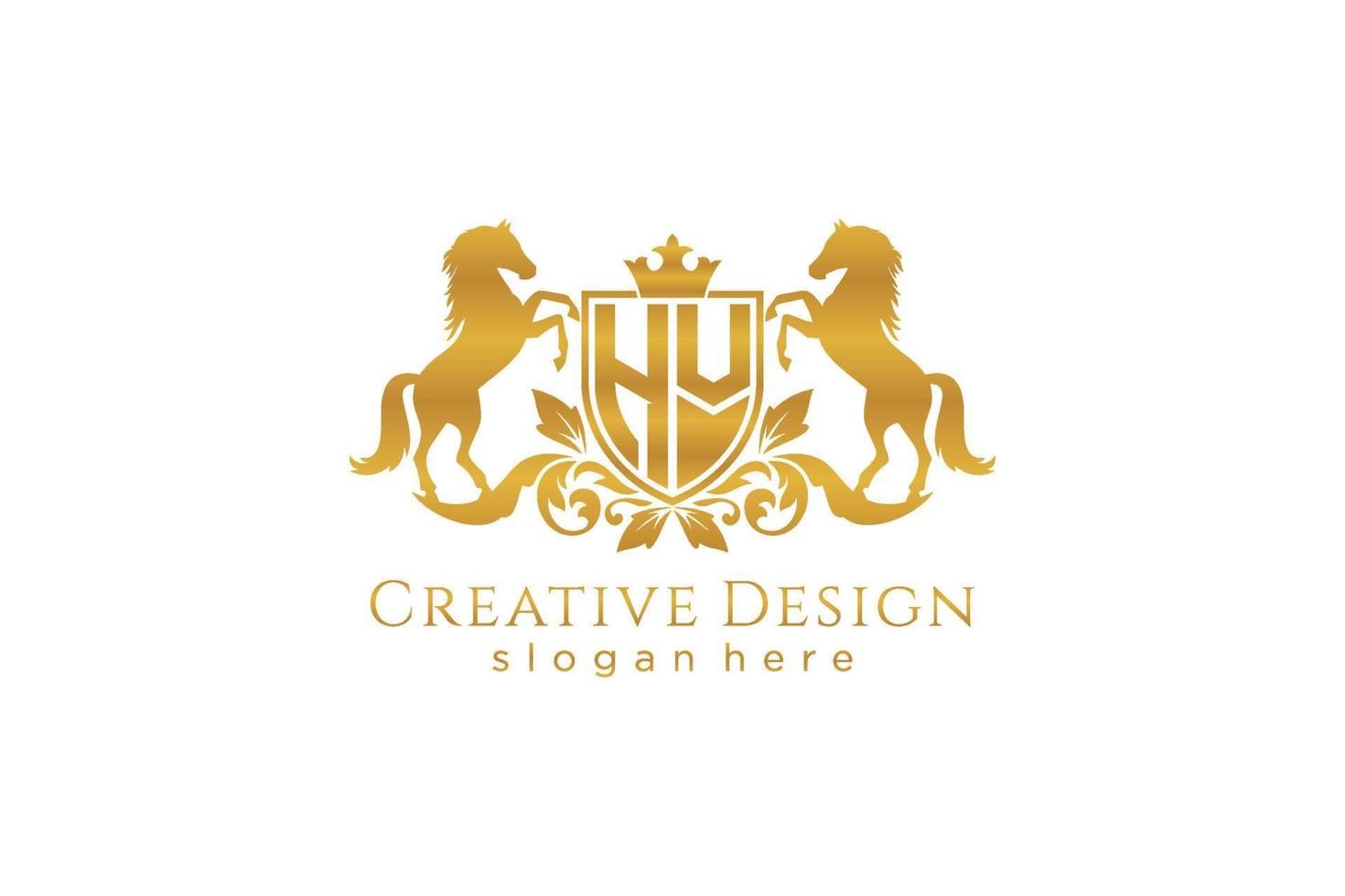 initial HV Retro golden crest with shield and two horses, badge template with scrolls and royal crown - perfect for luxurious branding projects vector