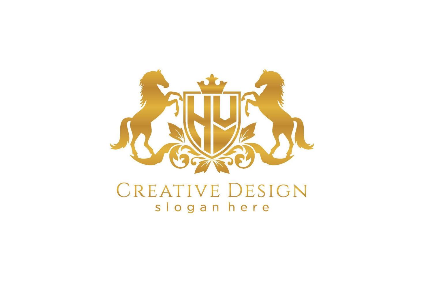 initial HV Retro golden crest with shield and two horses, badge template with scrolls and royal crown - perfect for luxurious branding projects vector