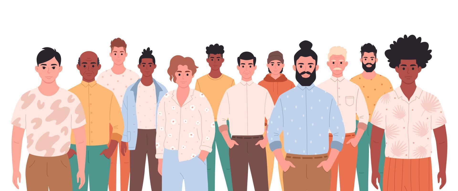 hombres de diferentes edades, razas, apariencia. sociedad multicultural. diversidad social de las personas en la sociedad moderna. traje casual de moda. vector