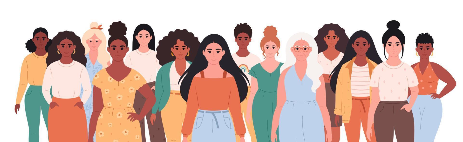 mujeres de diferentes edades, razas, apariencia. sociedad multicultural. diversidad social de las personas en la sociedad moderna. ropa casual de moda vector