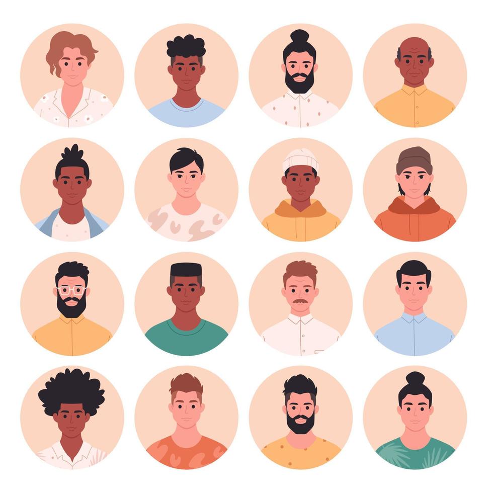 conjunto de avatar de hombres. hombres de diferentes edades, razas, apariencia. sociedad multicultural. diversidad social de las personas en la sociedad moderna vector