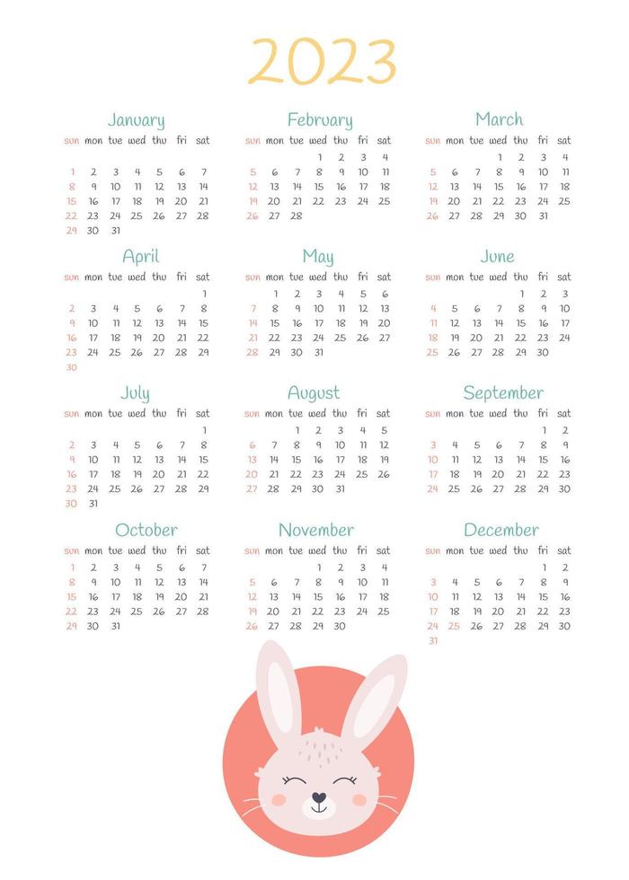 Calendar 2023 design template with cute rabbit. Year of the Rabbit. Sunday start calendar vector