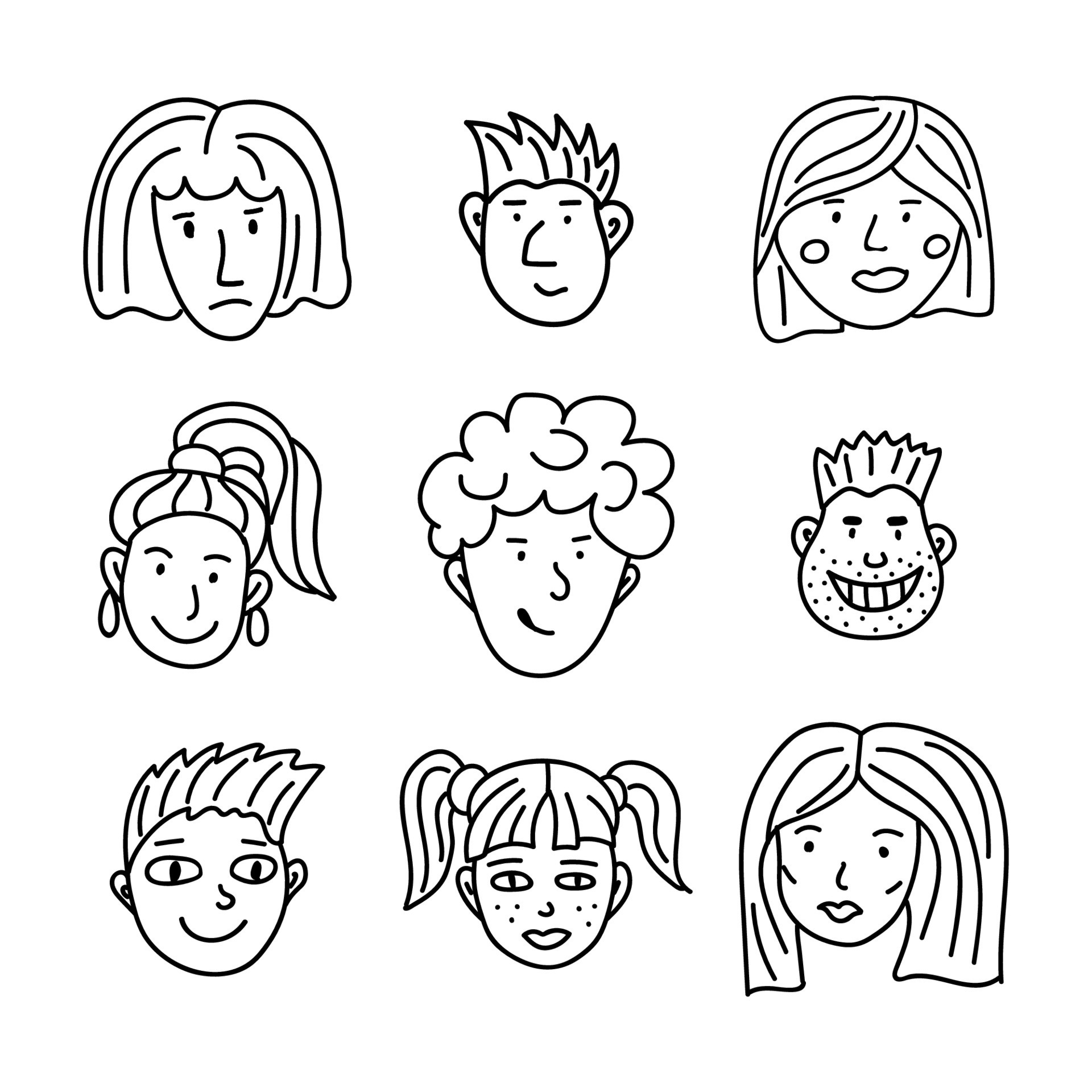 Vector doodle set people face. Line art hand drawn icons of human heads