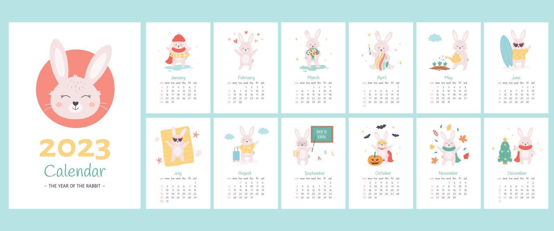 plantilla de diseño de calendario 2023 con lindos conejos. año del conejo. colección de 12 plantillas verticales y tapa. calendario de inicio del domingo vector