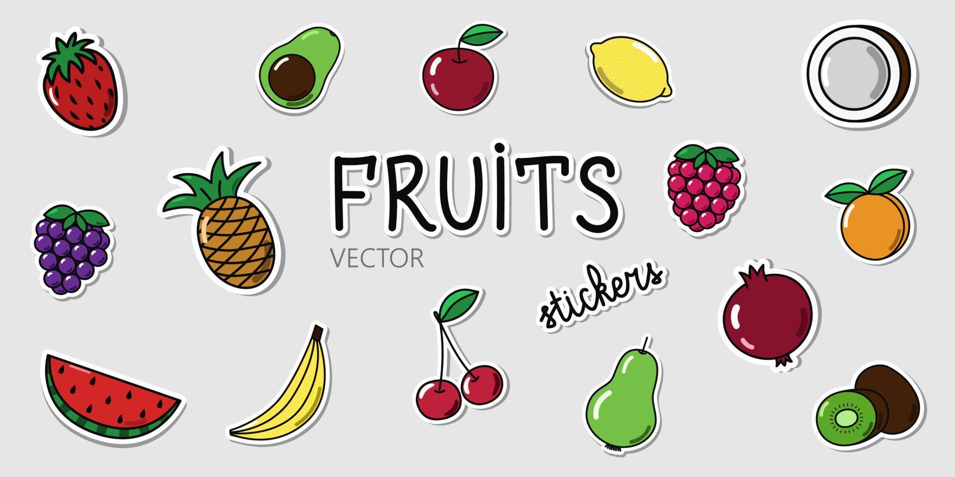 Set of vector fruit and berry stickers. Collection of cartoon elements with shadows on the grey background