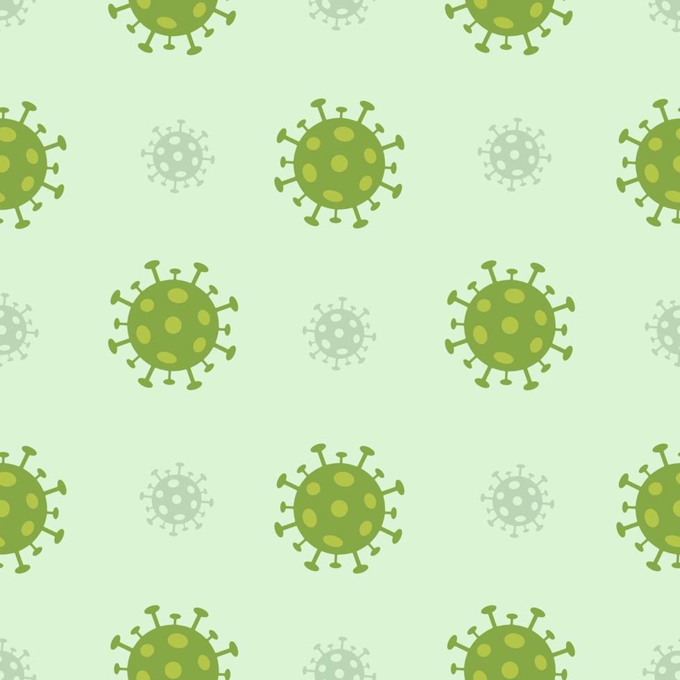 Covid19 vector seamless pattern. Green virus cells on the light green background. Repeating icons for backdrops, wallpapers