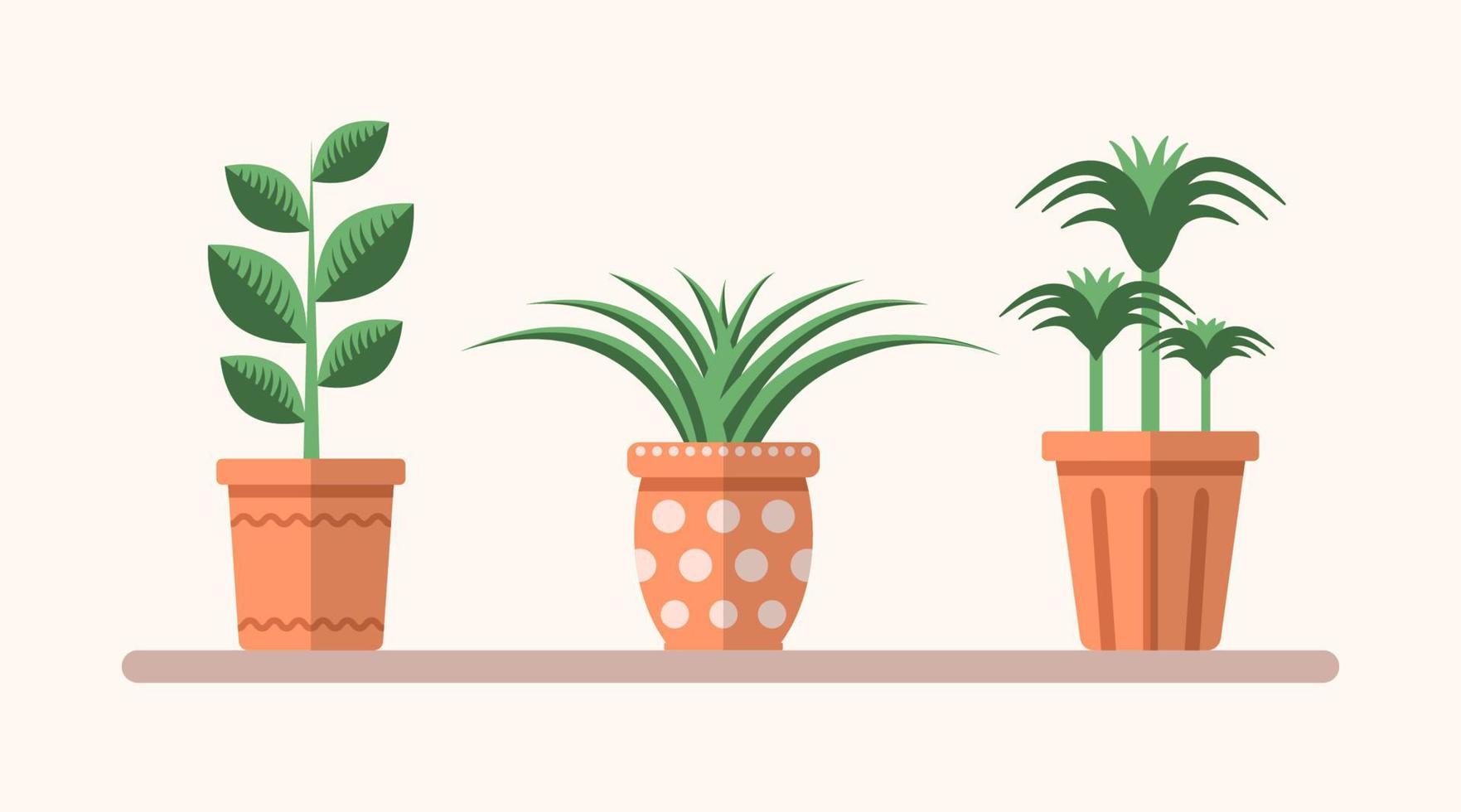 Vector green flat plants in pots on the shelf. Simple flat interior illustration. Floral decorative elements for design, game, concepts.