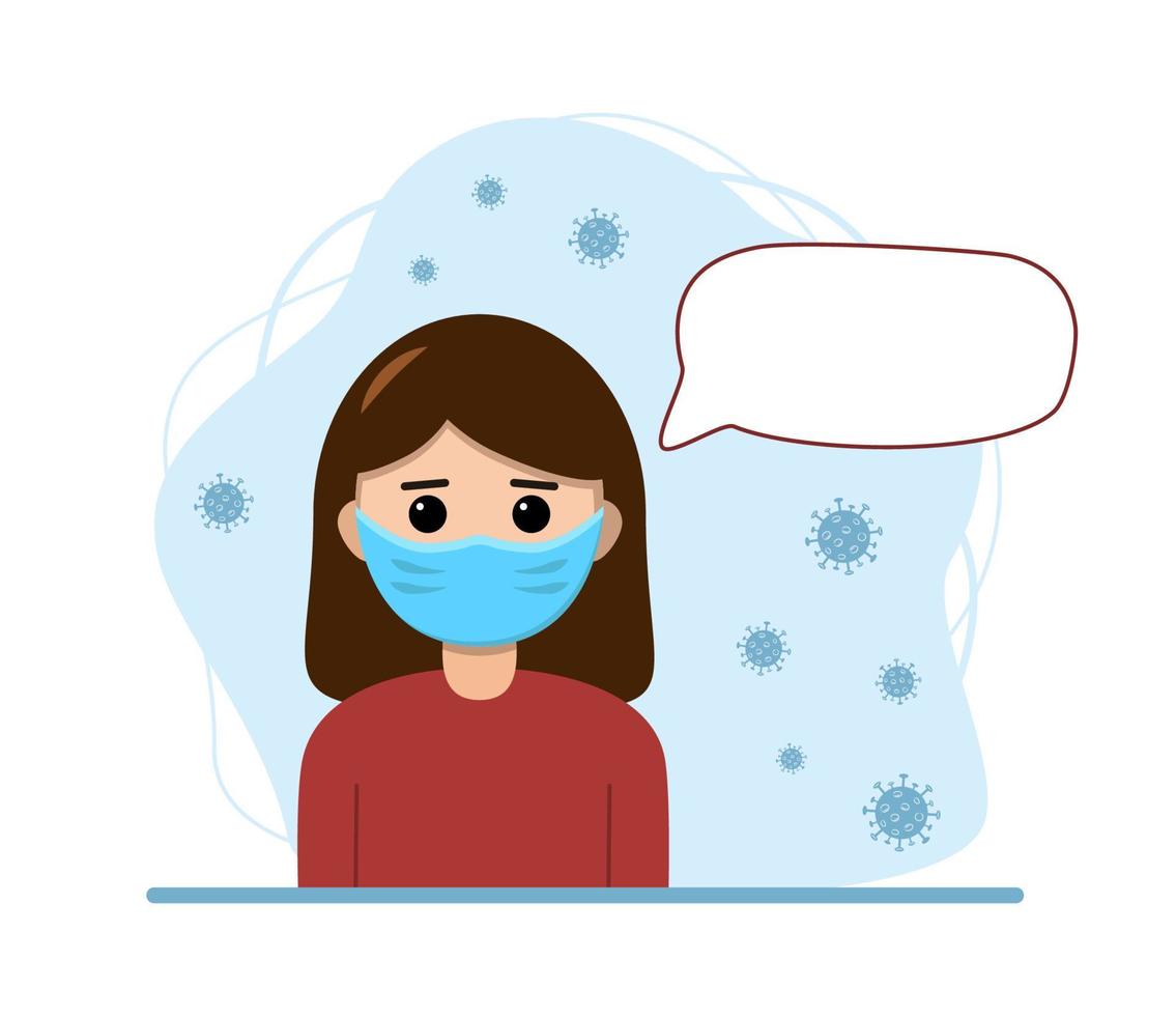 Flat vector character with bubble for text. Covid19 design concept for background. A woman with a mask on her face.