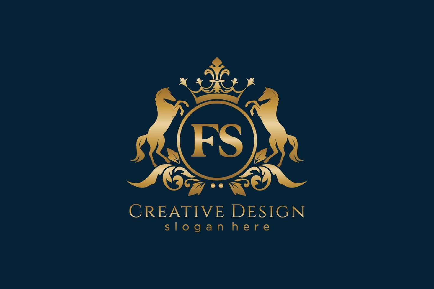 initial FS Retro golden crest with circle and two horses, badge template with scrolls and royal crown - perfect for luxurious branding projects vector