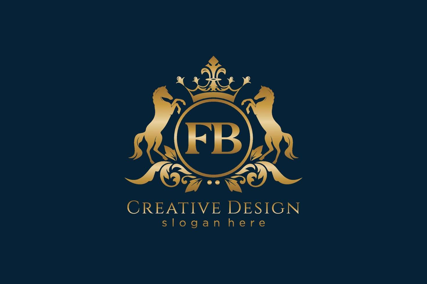 initial FB Retro golden crest with circle and two horses, badge template with scrolls and royal crown - perfect for luxurious branding projects vector