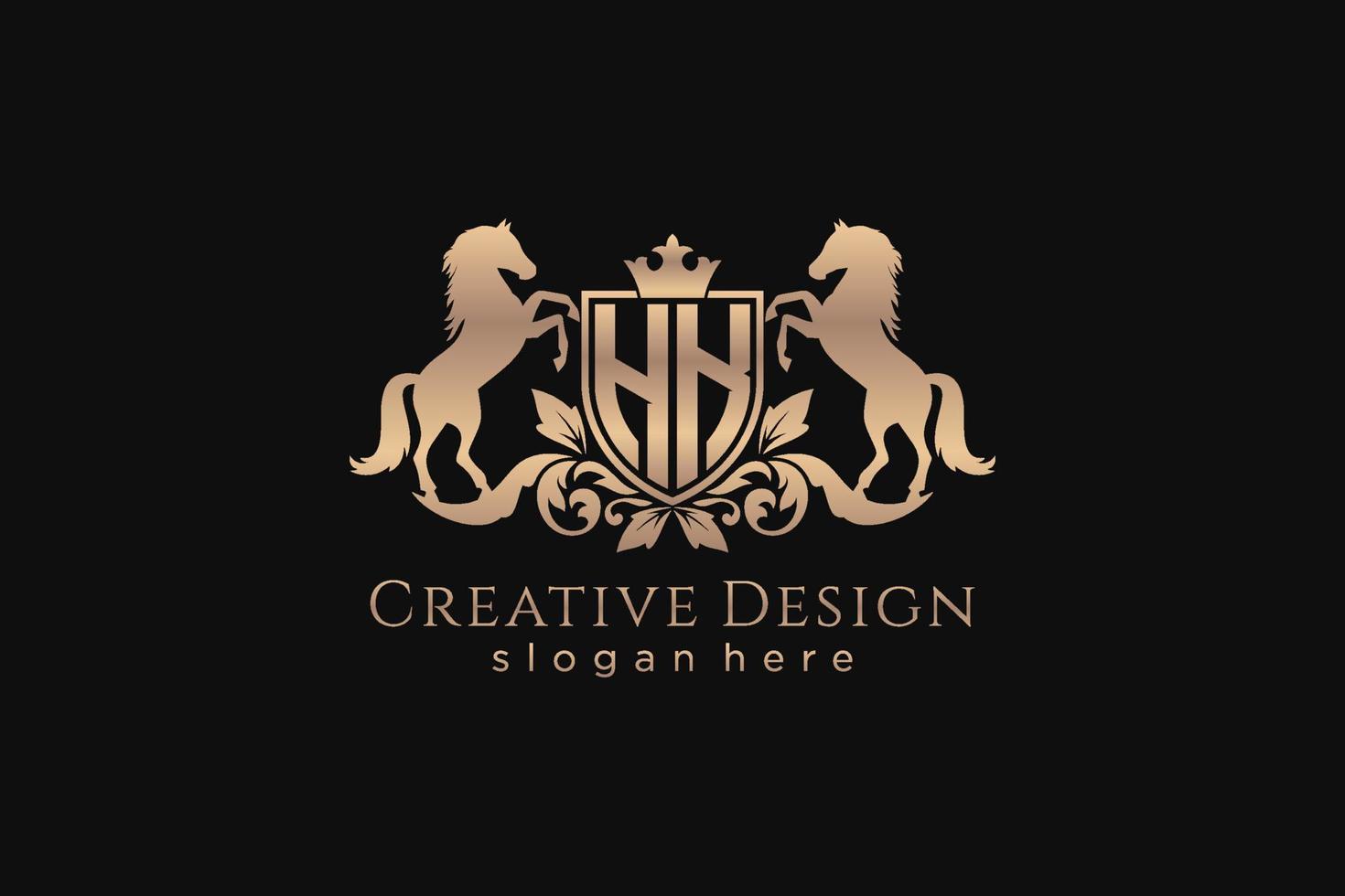 initial HK Retro golden crest with shield and two horses, badge template with scrolls and royal crown - perfect for luxurious branding projects vector