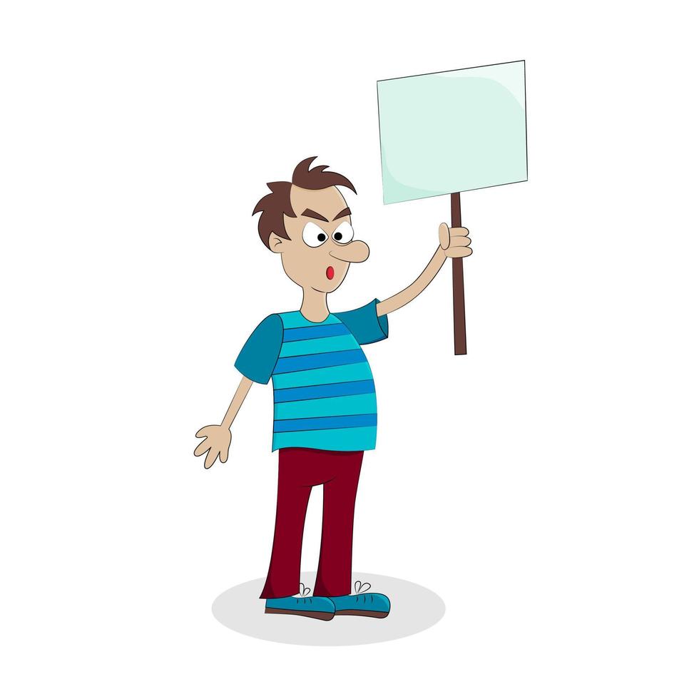 A man protests with a placard. Isolate on white background. Vector illustration.