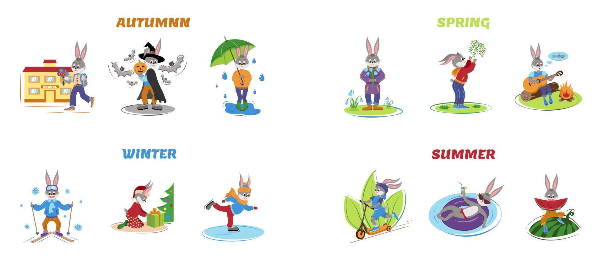 Illustrations with the rabbit symbol 2023 for calendars and planners. Covers and pages for 12 months hare character of the year mascot. Flat cartoon template. Winter, spring, summer, autumn. vector