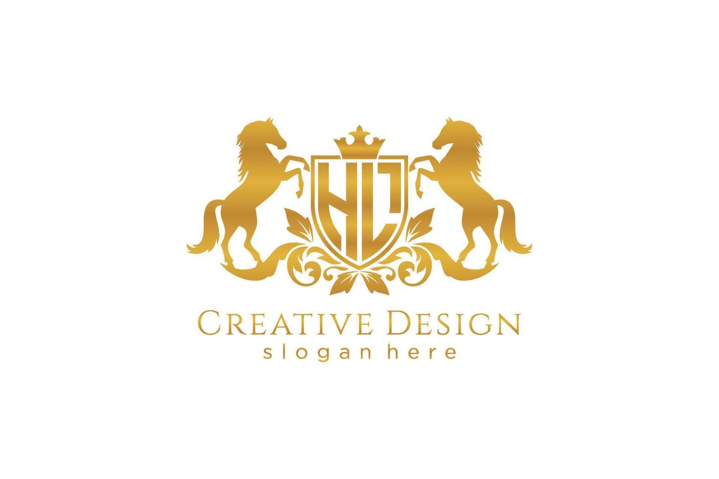 initial HL Retro golden crest with shield and two horses, badge template with scrolls and royal crown - perfect for luxurious branding projects vector