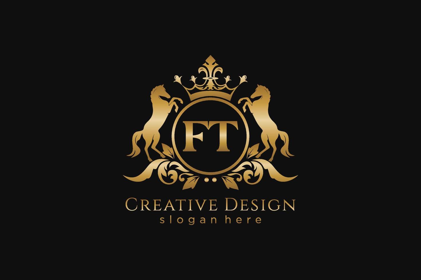 initial FT Retro golden crest with circle and two horses, badge template with scrolls and royal crown - perfect for luxurious branding projects vector