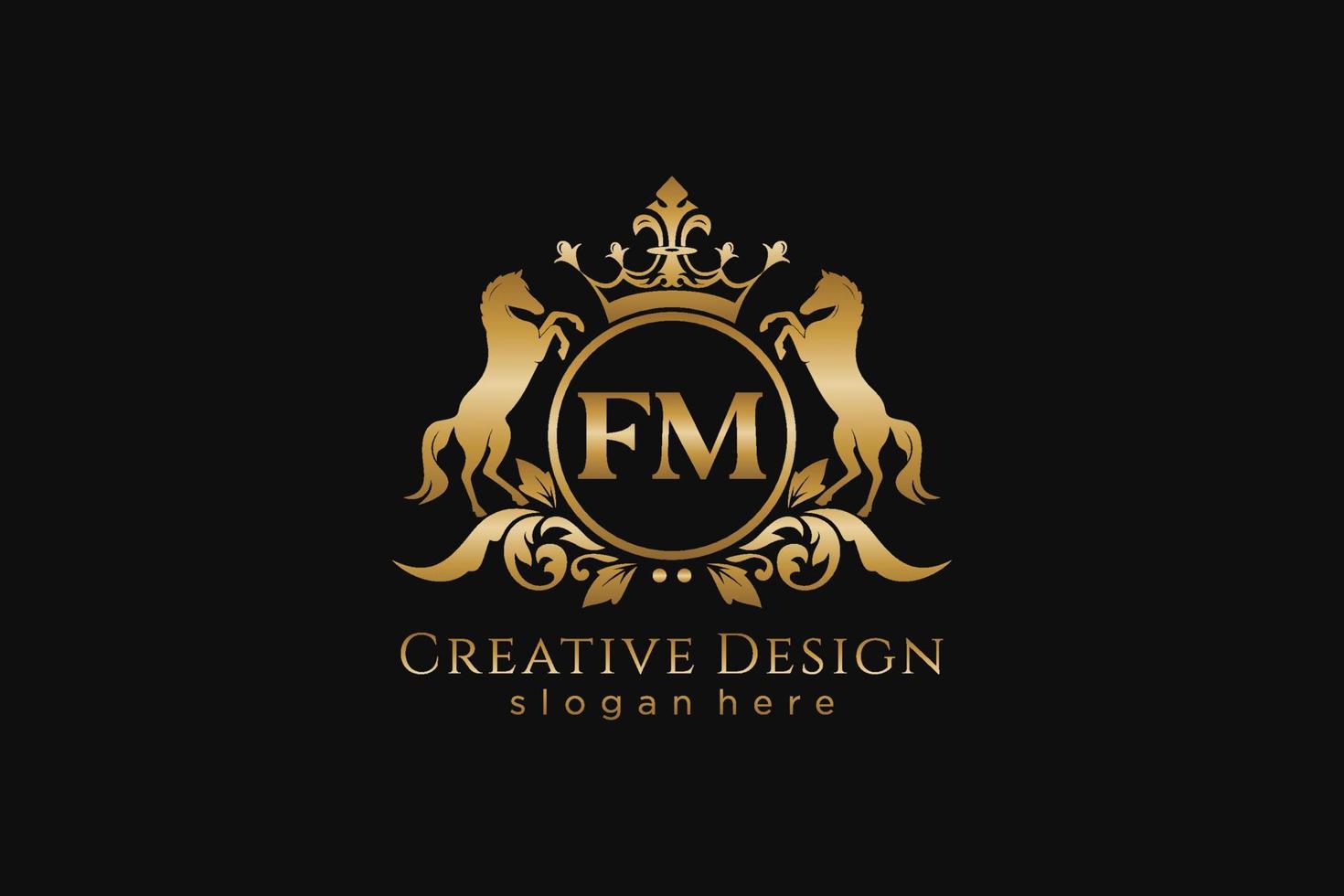 initial FM Retro golden crest with circle and two horses, badge template with scrolls and royal crown - perfect for luxurious branding projects vector