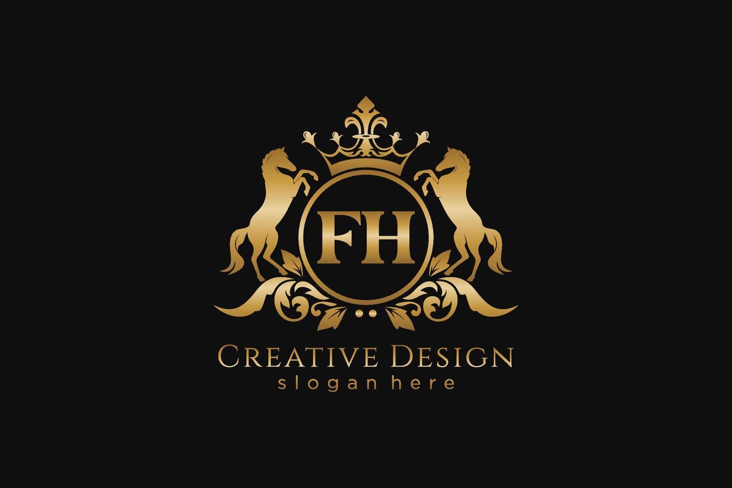 cresta dorada retro fh inicial con círculo y dos caballos, plantilla de insignia con pergaminos y corona real - perfecto para proyectos de marca de lujo vector