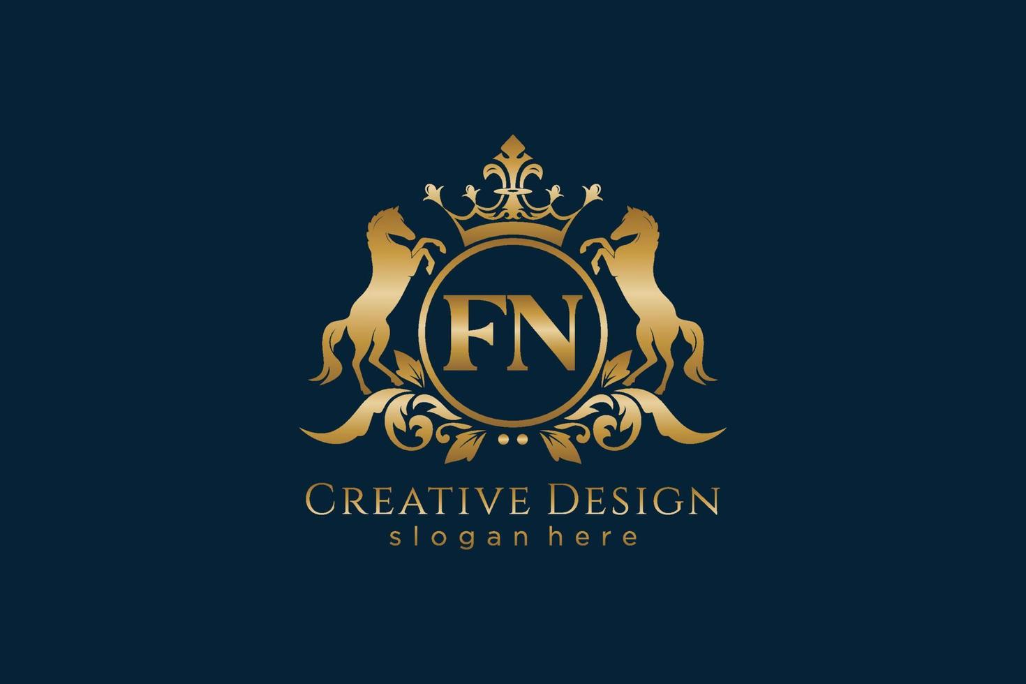 initial FN Retro golden crest with circle and two horses, badge template with scrolls and royal crown - perfect for luxurious branding projects vector