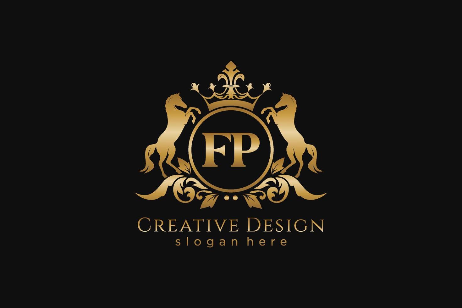 initial FP Retro golden crest with circle and two horses, badge template with scrolls and royal crown - perfect for luxurious branding projects vector