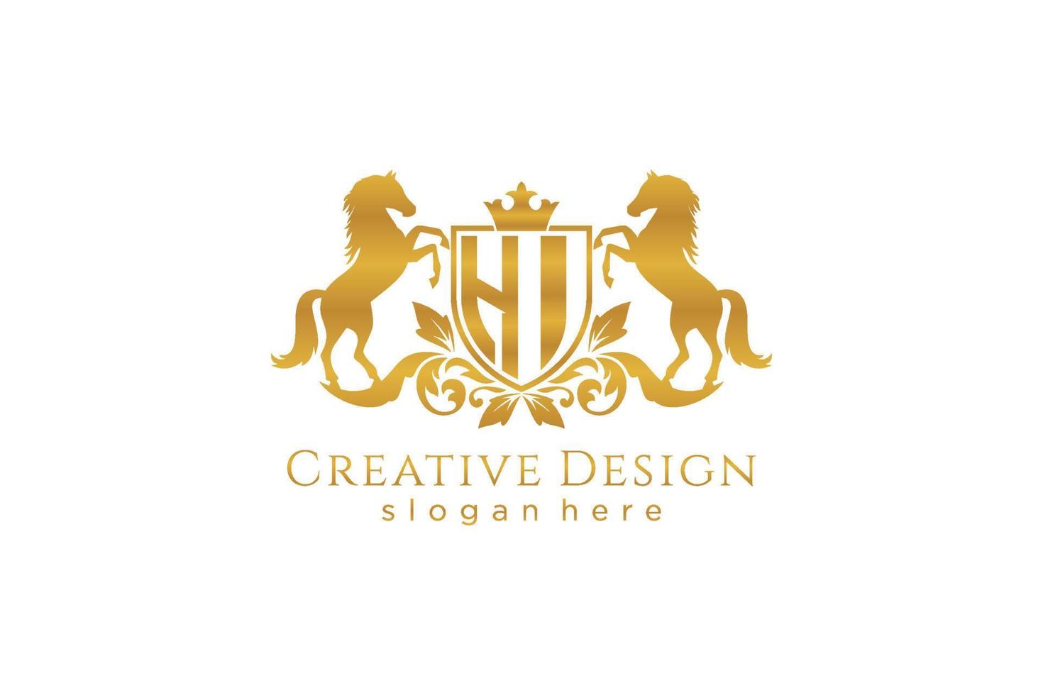 initial HI Retro golden crest with shield and two horses, badge template with scrolls and royal crown - perfect for luxurious branding projects vector