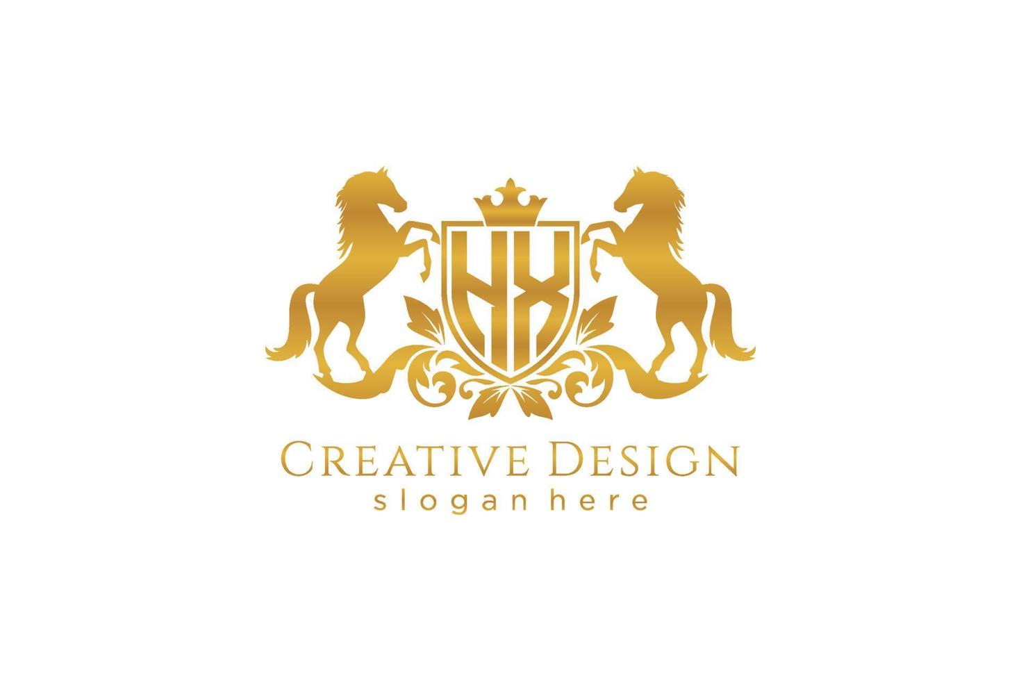 initial HX Retro golden crest with shield and two horses, badge template with scrolls and royal crown - perfect for luxurious branding projects vector